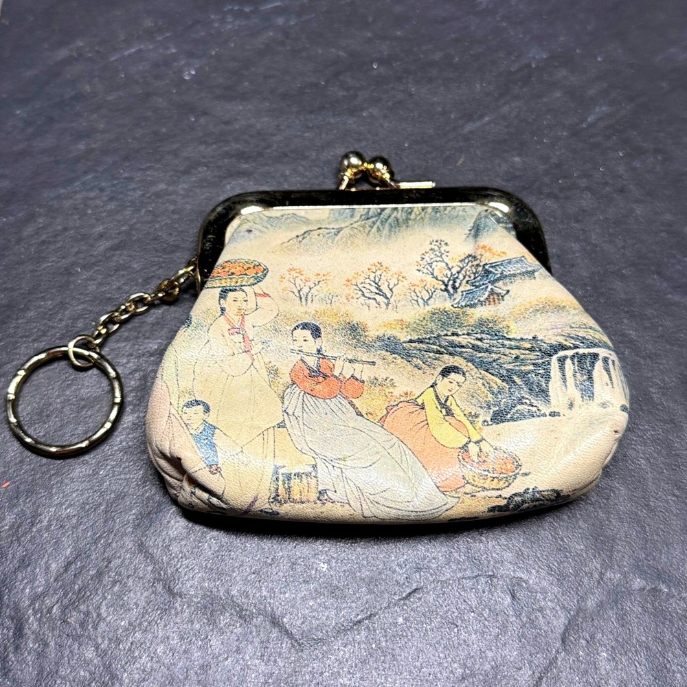 Vintage Asian Folk Art Coin Purse Keychain Kiss Lock Red Velvet Lining Cream